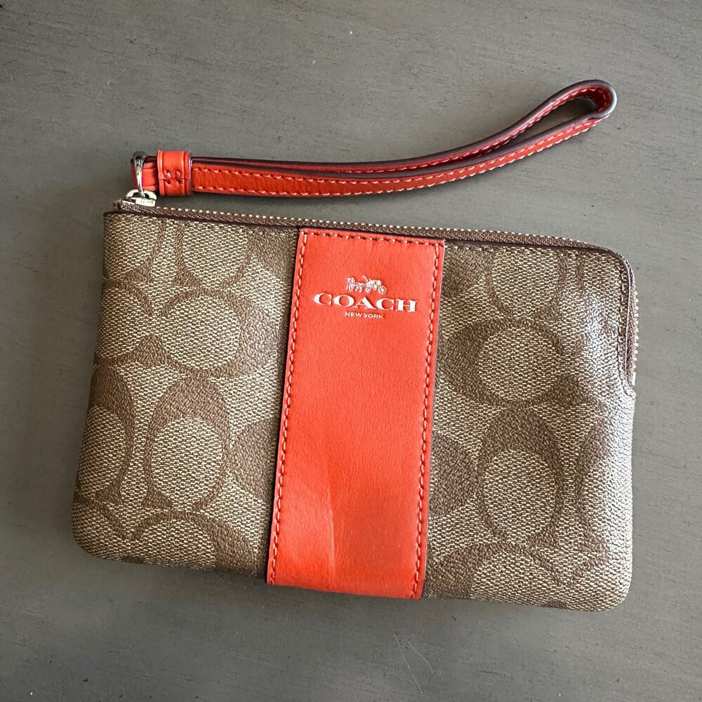 Coach❤️Orange Leather Stripe Tan Coated Canvas Corner Zip Wristlet